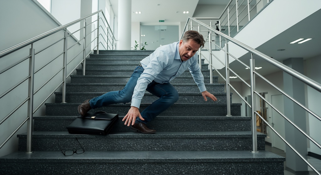 Businessman falling down the stairs